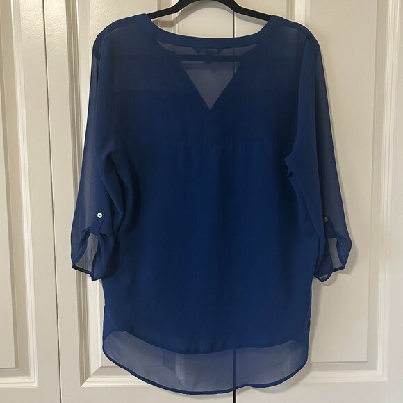 Express Portofino Style 3/4 Sleeve V-neck Chiffon Blouse, Blue, Large - Picture 2 of 6